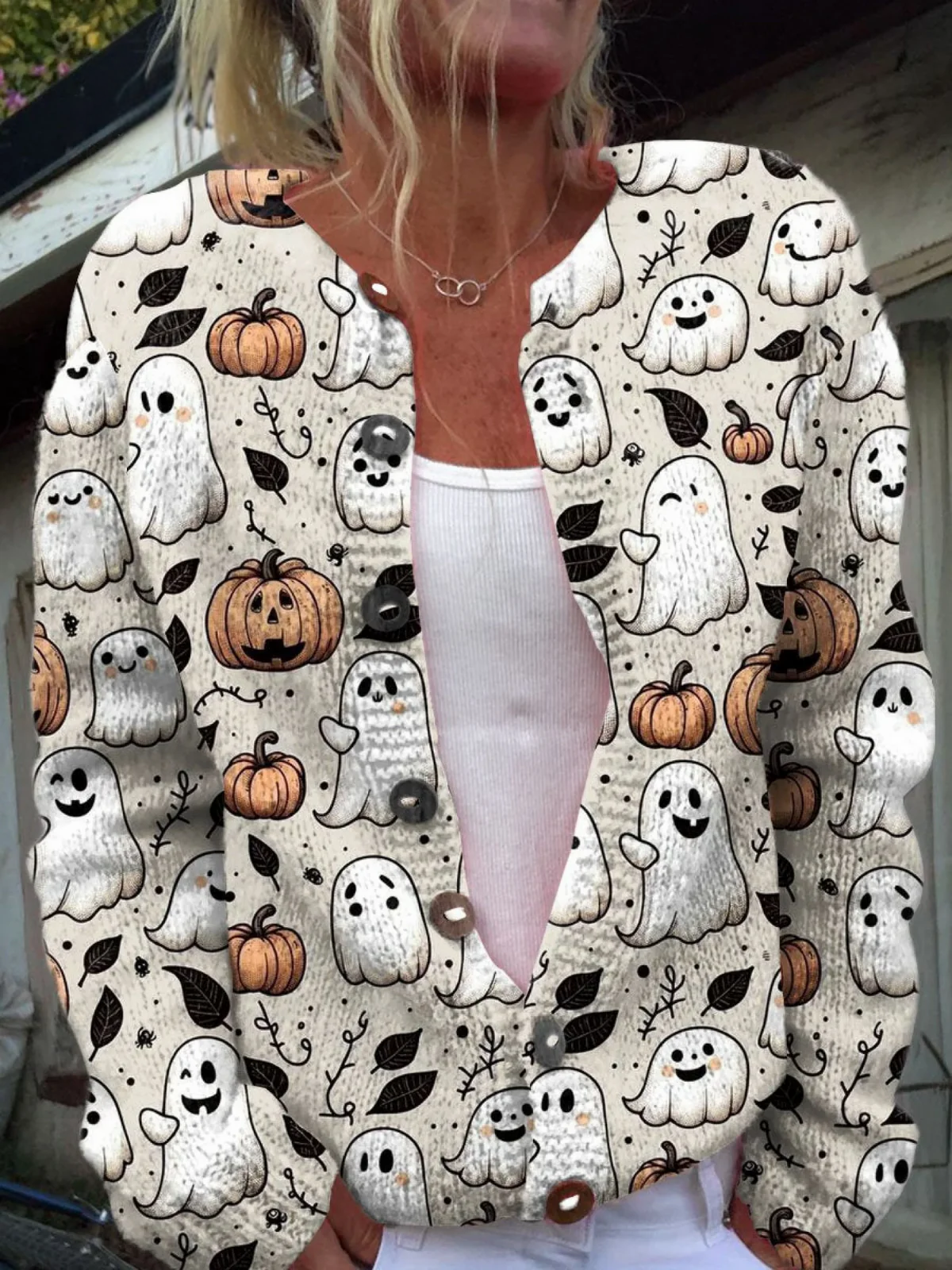 Flora - Pumpkin Ghost Knit Cardigan