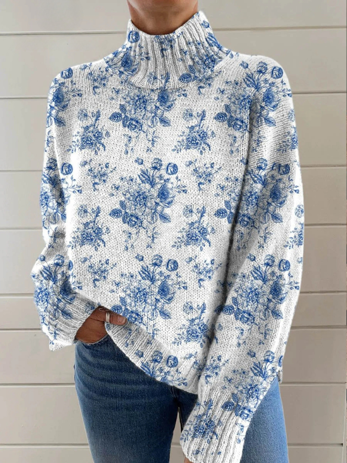Chloe | Blue Blossom Turtleneck Sweater