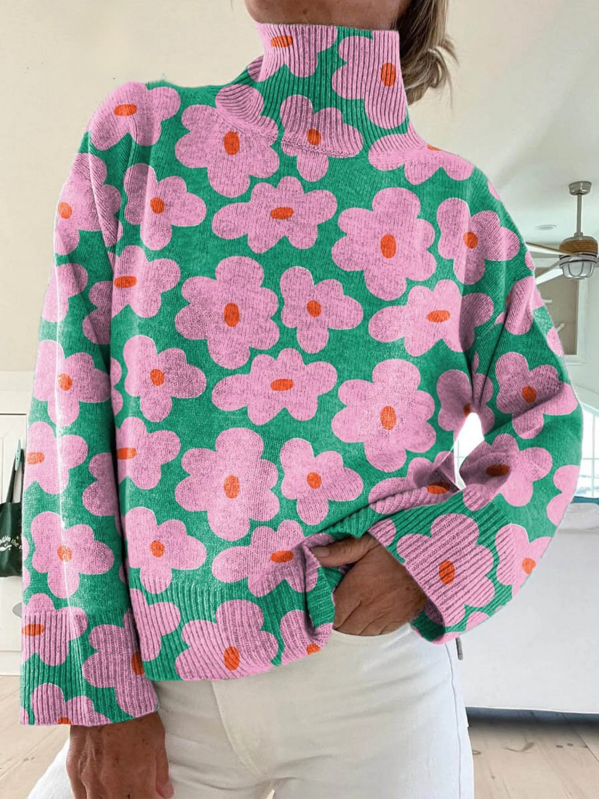 Daisy | Retro Flower Turtleneck Sweater