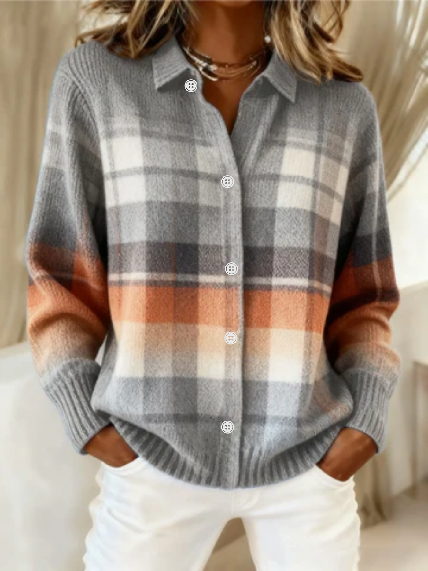 Elena | Warm Sunset Plaid Knit Blouse