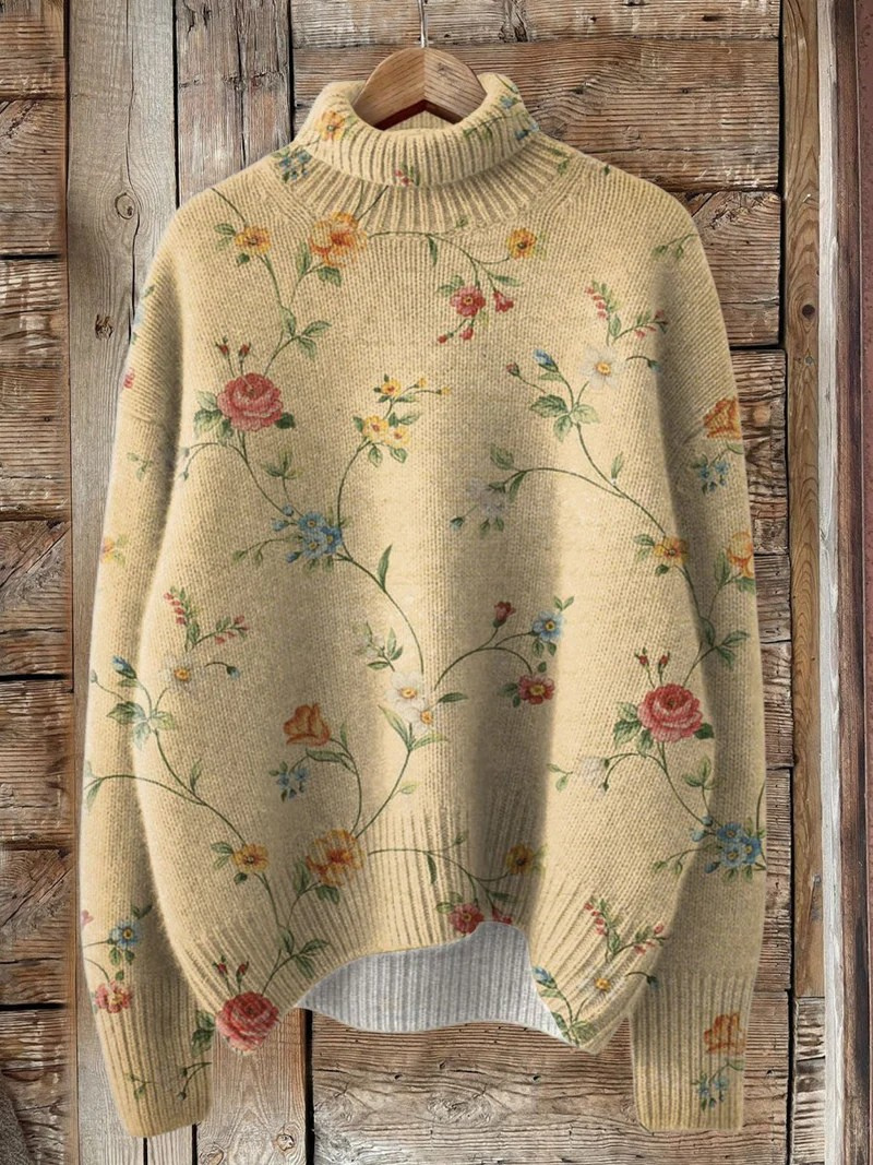 Rosemary | Soft Floral Knit Turtleneck Sweater