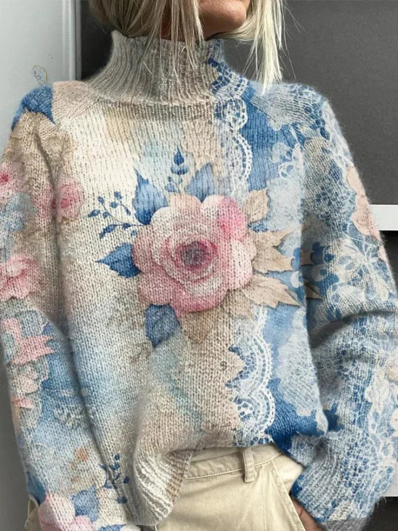 Olivia – Floral Lace Knit Turtleneck Sweater