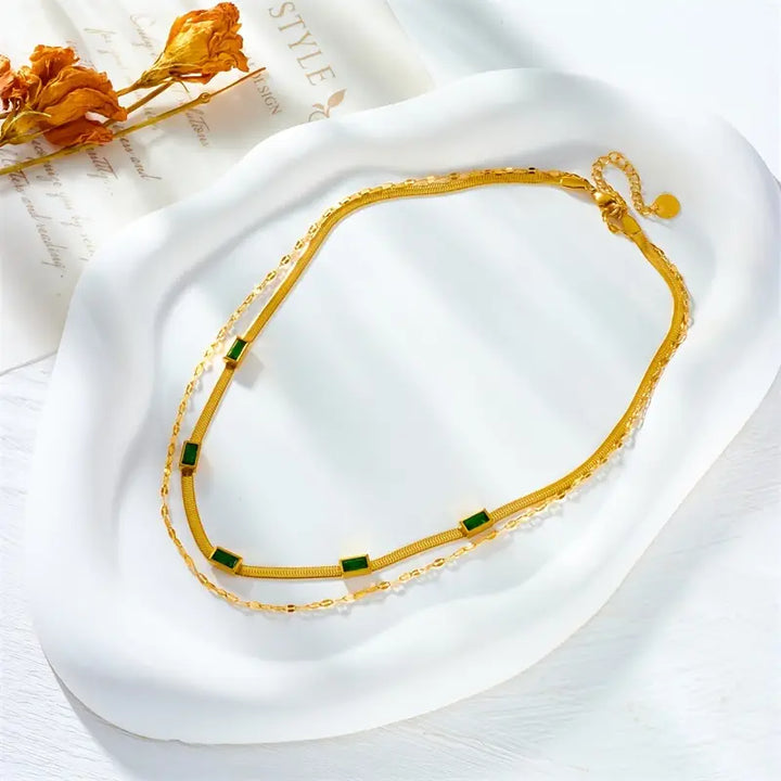 Lulwa Gem Double-Layer Retro Gold Necklace